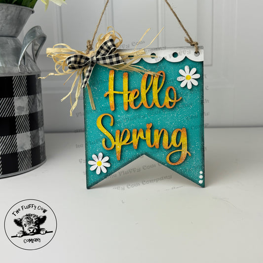 Hello Spring Banner Tag Ornament Wall Hanger