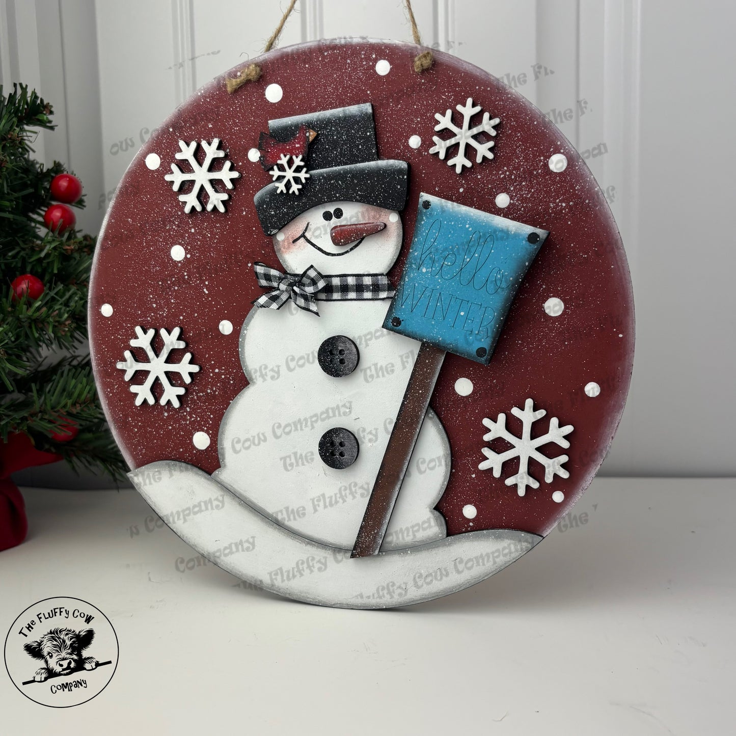 Hello Winter Snowman Disc Wall Hanging Red