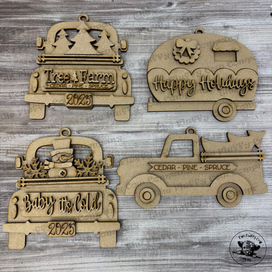 Truck & Camper Wood Blank Christmas Ornaments Set of 4 - Craft Project