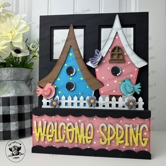 Window Box Frame Shelf Sitter With Welcome Spring Birdhouse Insert