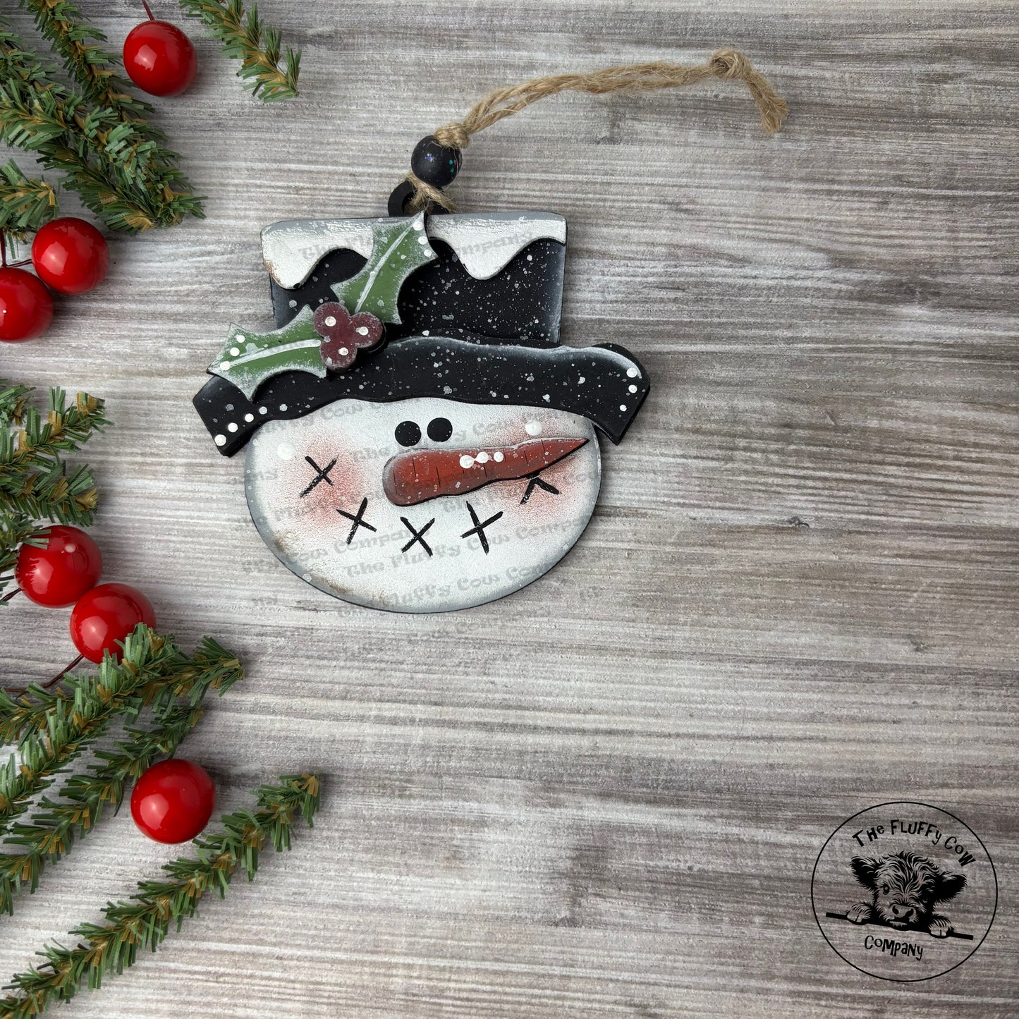 Snowman Head With Holly Christmas Tree Ornament