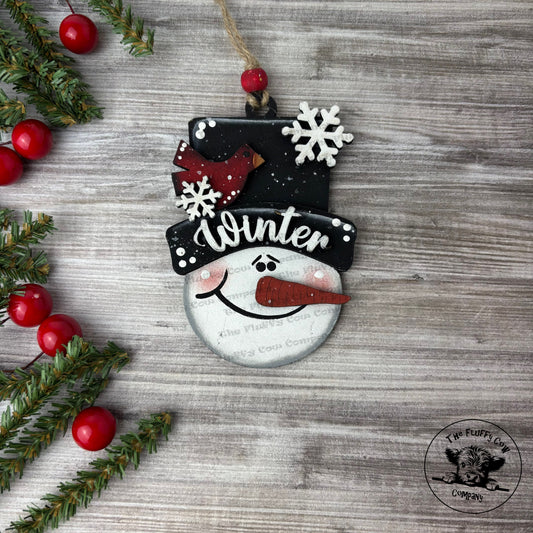 Winter Snowman Head With Bird Christmas Tree Ornament