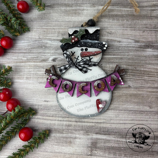 Snowman Holding Cocoa Banner Christmas Ornament