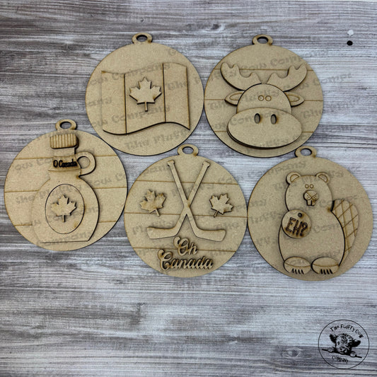Canadian Animals and Items - Wood Blank Christmas Ornaments Set of 5 - Craft Project