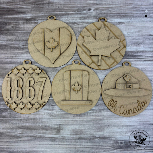 Canadian Theme - Wood Blank Christmas Ornaments Set of 5 - Craft Project