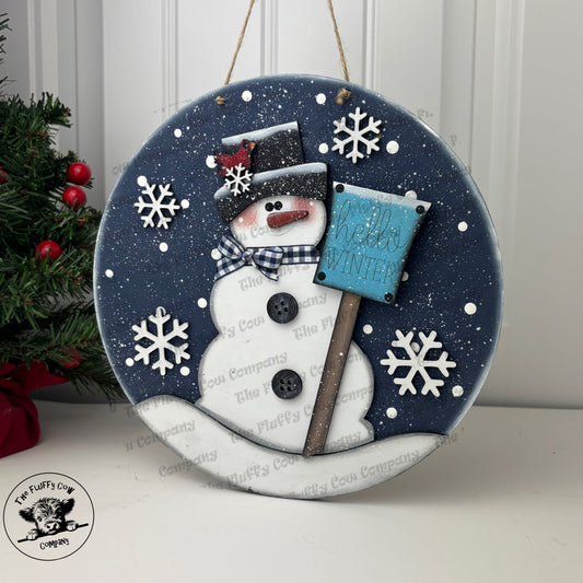 Hello Winter Snowman Disc Wall Hanging