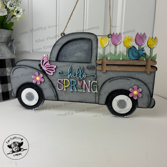 Hello Spring Truck With Tulips Wall Hanging