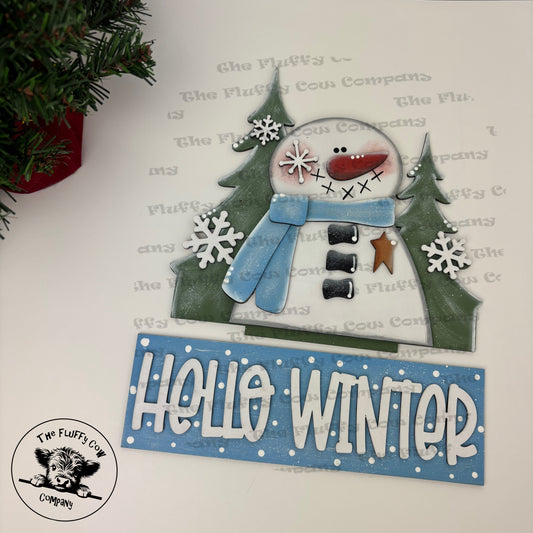 Insert Only! Hello Winter Snowman & Trees Insert For Window Box Shelf Sitter Picture Frame