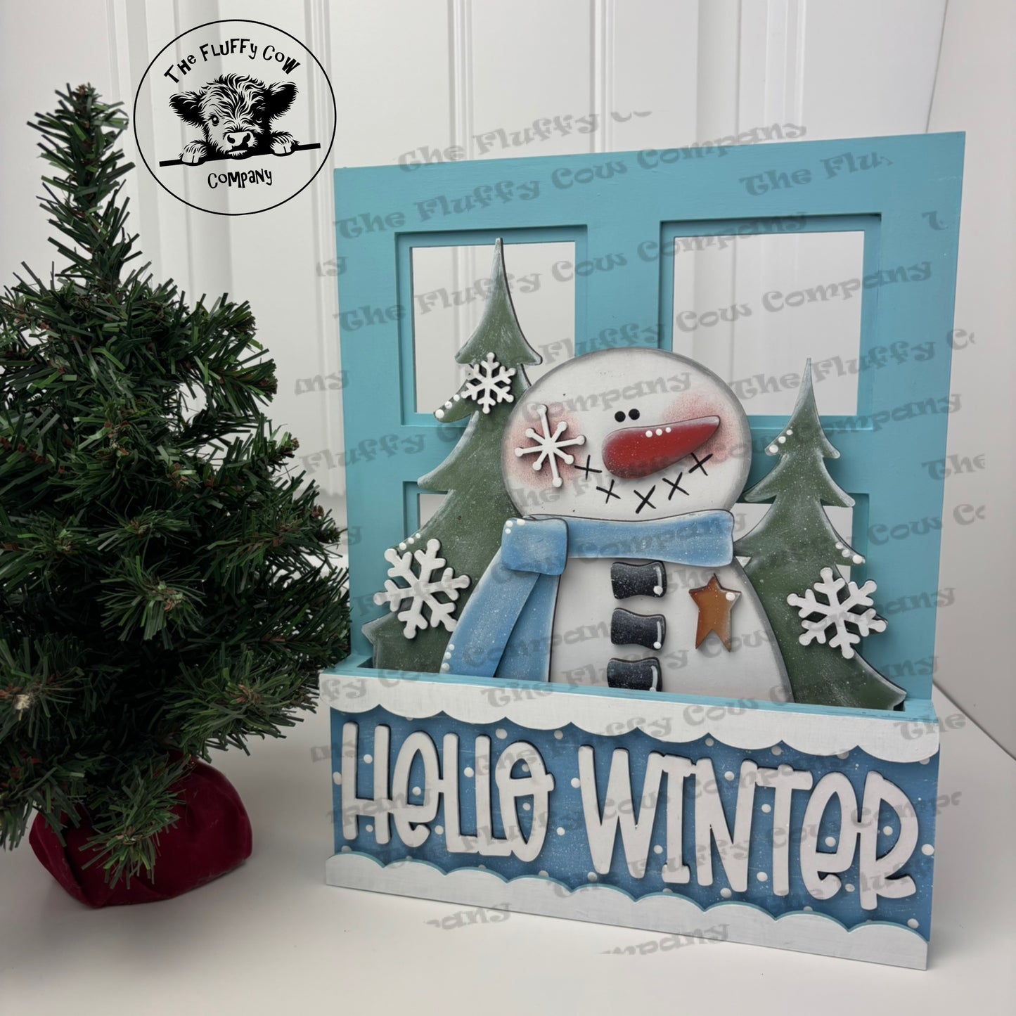 Hello Winter Snowman & Trees Insert & Window Box Shelf Sitter Picture Frame