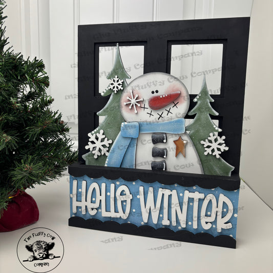 Hello Winter Snowman & Trees Insert & Window Box Shelf Sitter Picture Frame